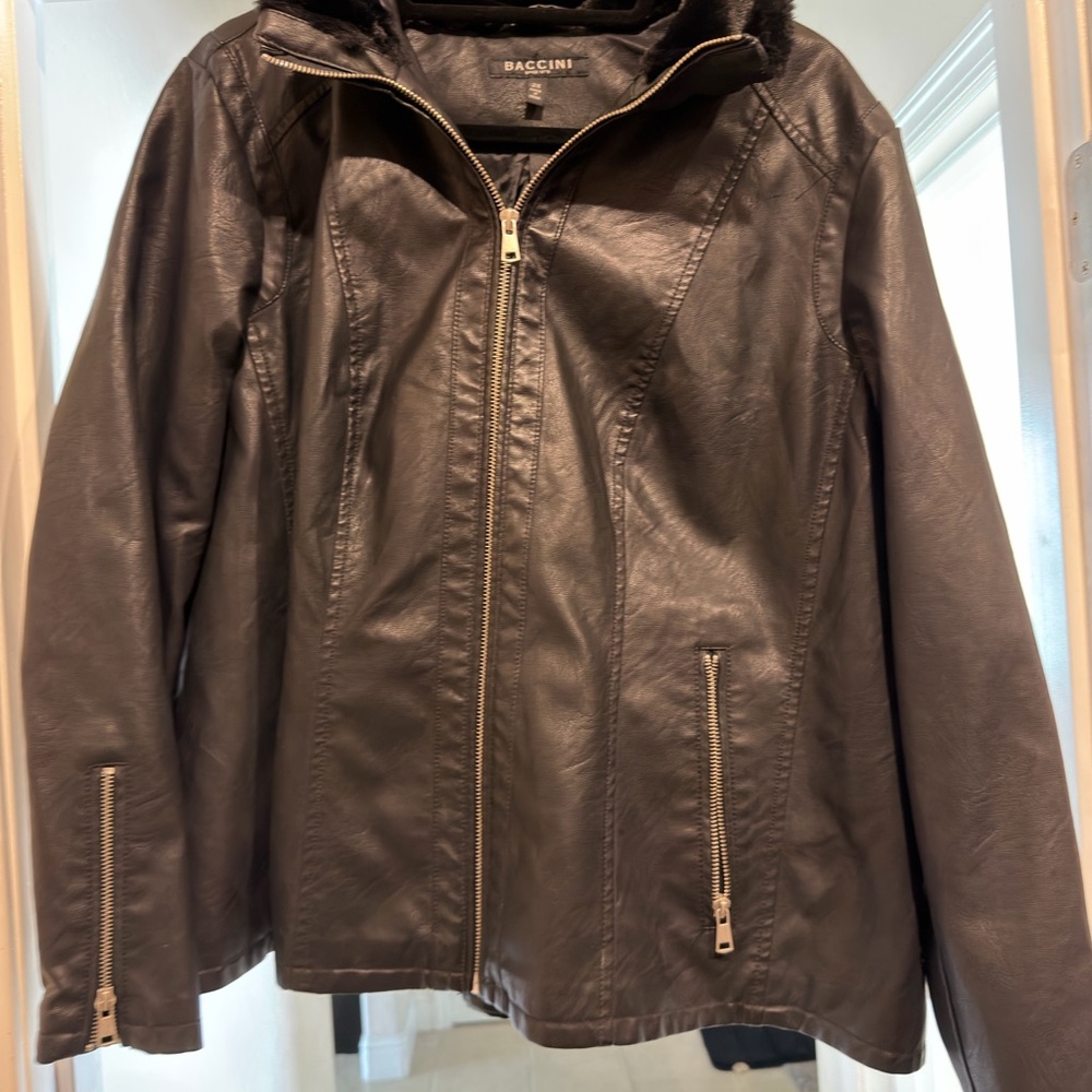 Baccini Womens Brown Faux Leather Zip Jacket